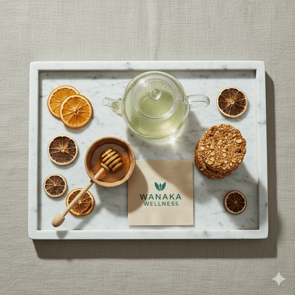 Calm corner featuring tea ritual and botanical accents