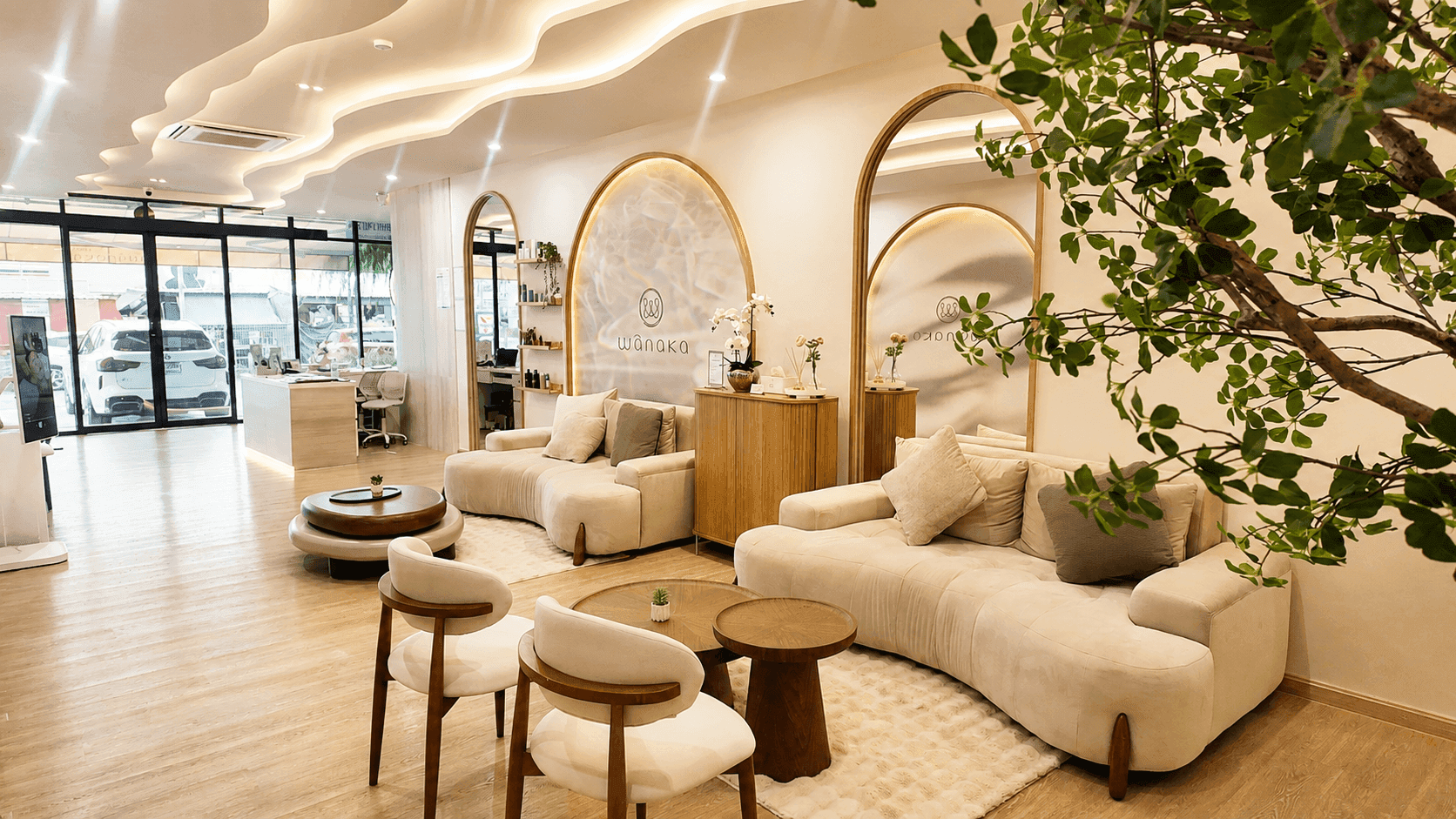 Wanaka-branded lounge seating with mirror arches