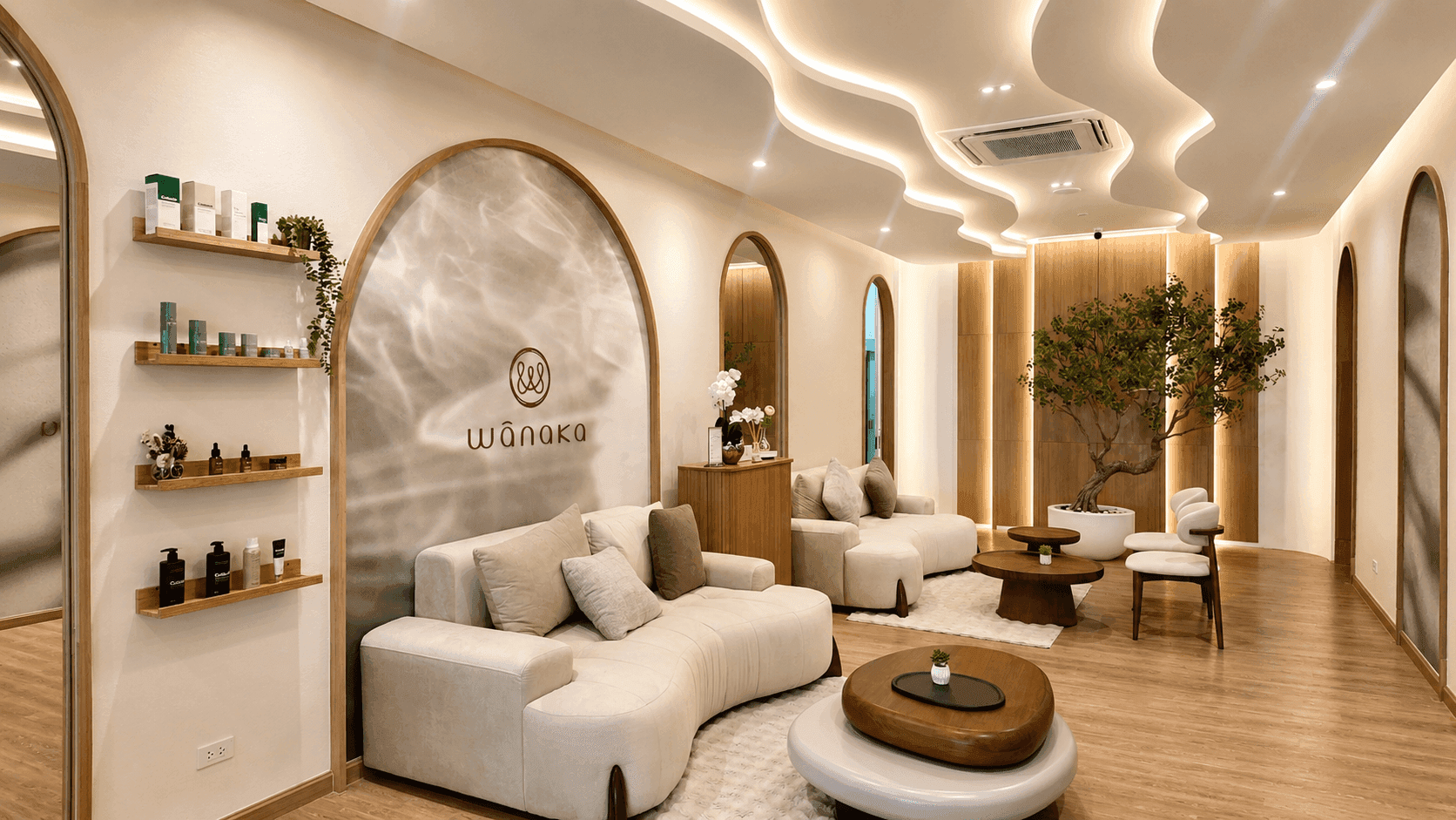 Wellness corner with product shelving and mural arch